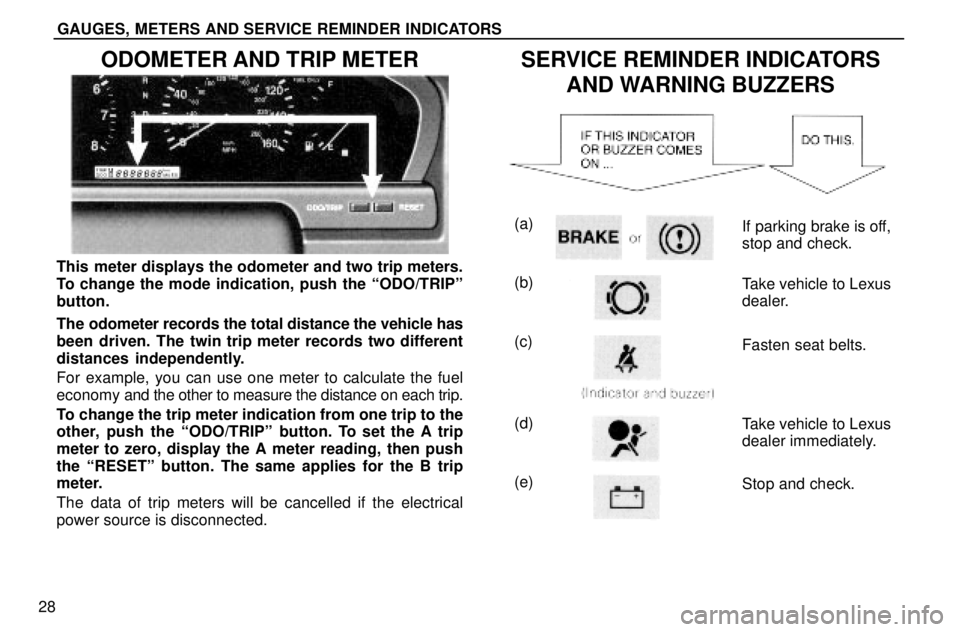 lexus LS400 1996  Engine / 1996 LS400: GAUGES, METERS AND SERVICE REMINDERS GAUGES, METERS AND SERVICE REMINDER INDICATORS
28
ODOMETER AND TRIP METER
This meter displays the odometer and two trip meters.
To change the mode indication, push the ªODO/TRIPº
button.
The odomete