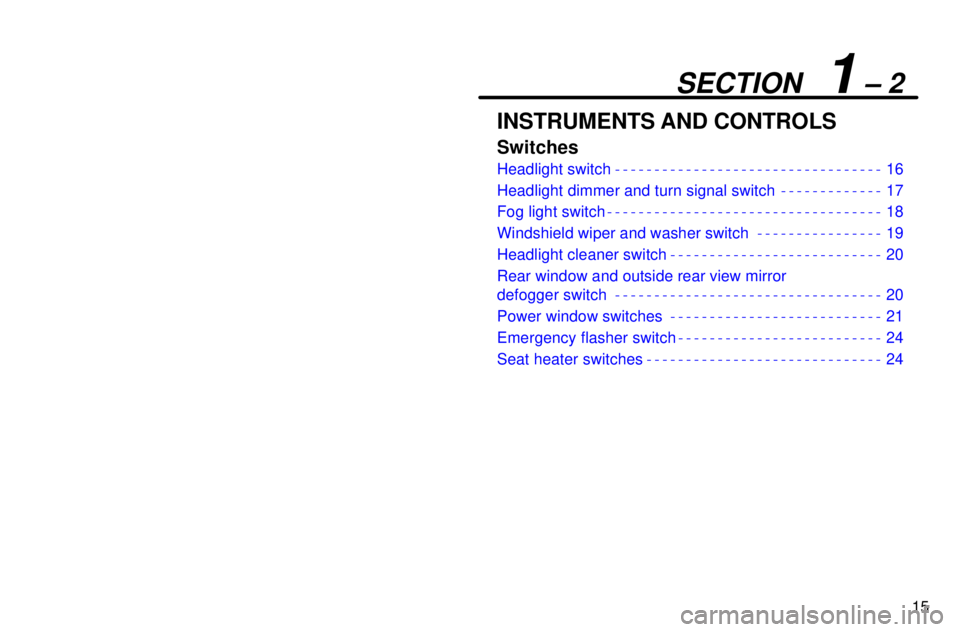 lexus LS400 1996  Gauges, Meters and Service Reminders / 1996 LS400: SWITCHES 15
SECTION  1 ± 2
INSTRUMENTS AND CONTROLS
Switches
Headlight switch 16
Headlight dimmer and turn signal switch 17
Fog light switch 18
Windshield wiper and washer switch 19
Headlight cleaner switch 2