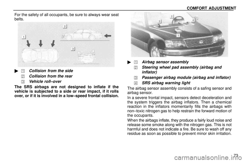 lexus LS400 1996  Gauges, Meters and Service Reminders / 1996 LS400: SEAT BELTS, SRS AND CHILD RESTRAINTS COMFORT ADJUSTMENT
73 For the safety of all occupants, be sure to always wear seat
belts.
Collision  from the side
Collision from the rear
Vehicle roll±over
The SRS airbags are not designed to in