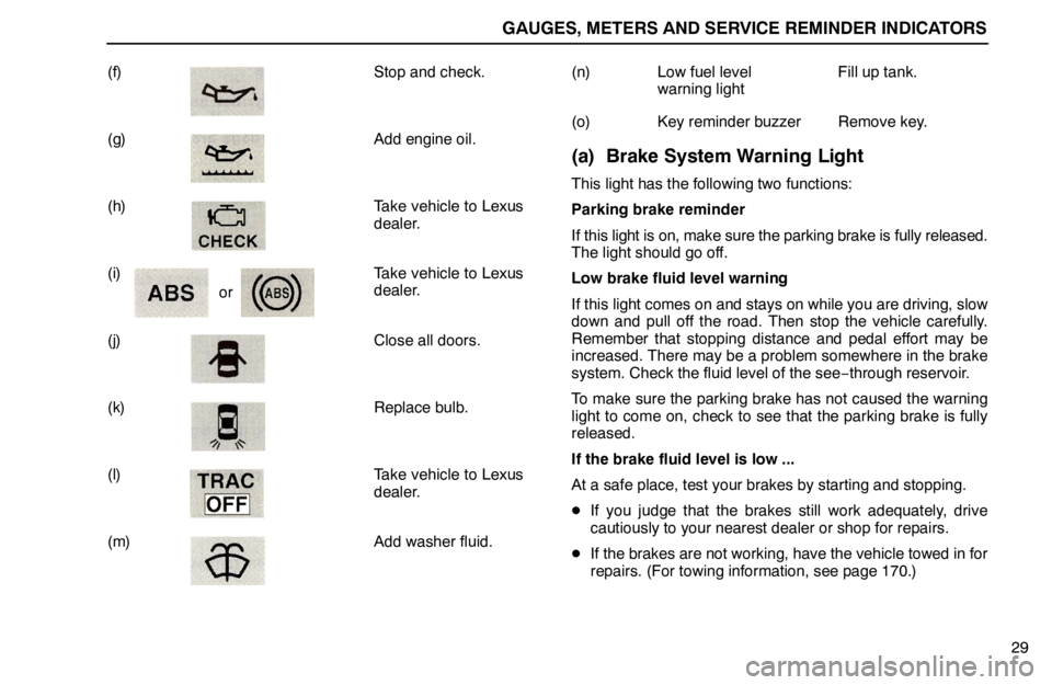lexus LS400 1995  Electrical Components / 1995 LS400: GAUGES, METERS AND SERVICE REMINDER INDICATORS GAUGES, METERS AND SERVICE REMINDER INDICATORS
or
29 (f) Stop and check.
(g) Add engine oil.
(h) Take vehicle to Lexus
dealer.
(i) Take vehicle to Lexus
dealer.
(j) Close all doors.
(k) Replace bulb.
