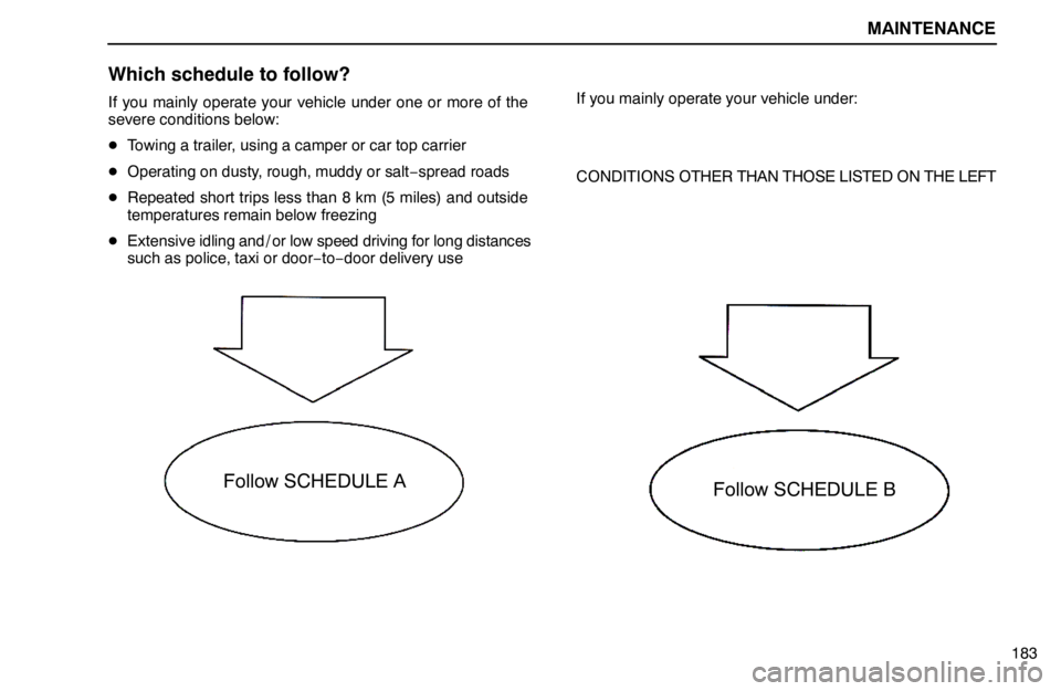 lexus LS400 1995  Electrical Components / 1995 LS400: MAINTENANCE MAINTENANCE
183
Which schedule to follow?
If you mainly operate your vehicle under one or more of the
severe conditions below:
Towing a trailer, using a camper or car top carrier
Operating on dusty,