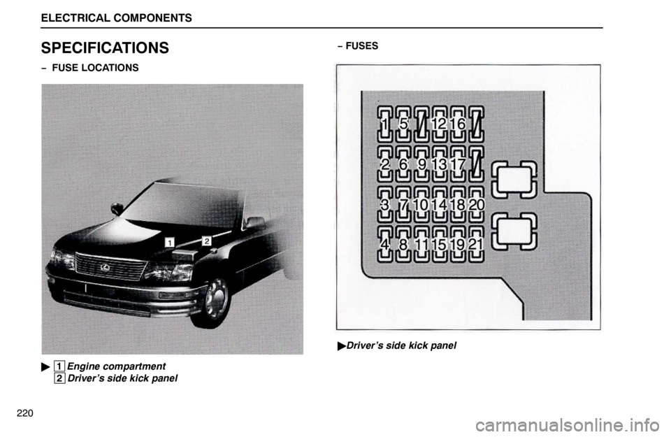 lexus LS400 1995  Interior Equipment / 1995 LS400: ELECTRICAL COMPONENTS ELECTRICAL COMPONENTS
220
SPECIFICATIONS
−  FUSE LOCATIONS
 1
Engine compartment
 2
Driver’s side kick panel− FUSES
Driver’s side kick panel 