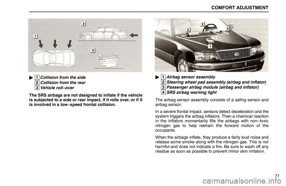 lexus LS400 1995  Gauges, Meters and Service Reminder Indicators / 1995 LS400: COMFORT ADJUSTMENT COMFORT ADJUSTMENT
71
 1
Collision from the side
 2
Collision from the rear
 3
Vehicle roll−over
The SRS airbags are not designed to inflate if the vehicle
is subjected to a side or rear impact, if