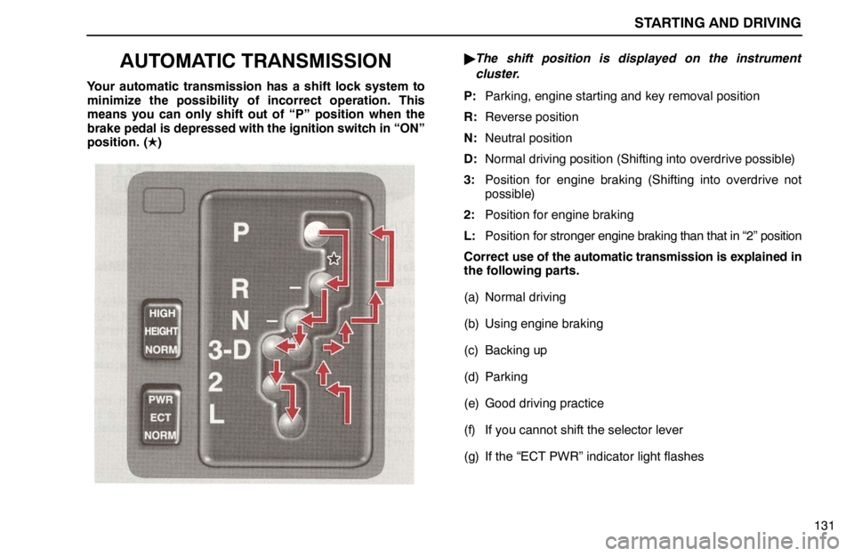 lexus LS400 1995  Gauges, Meters and Service Reminder Indicators / 1995 LS400: STARTING AND DRIVING STARTING AND DRIVING
131
AUTOMATIC TRANSMISSION
Your automatic transmission has a shift lock system to
minimize the possibility of incorrect operation. This
means you can only shift out of “P” pos
