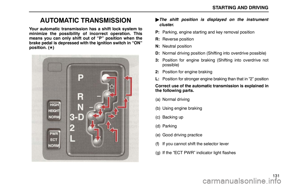 lexus LS400 1995  Exterior Equipment / 1995 LS400: STARTING AND DRIVING STARTING AND DRIVING
131
AUTOMATIC TRANSMISSION
Your automatic transmission has a shift lock system to
minimize the possibility of incorrect operation. This
means you can only shift out of “P” pos