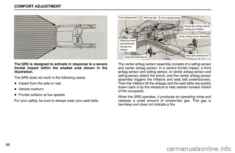 lexus LS400 1994  Comfort Adjustment / 1994 LS400: COMFORT ADJUSTMENT COMFORT ADJUSTMENT
68
The SRS is designed to activate in response to a severe
frontal impact within the shaded area shown in the
illustration.
The SRS does not work in the following cases.
Impact fro