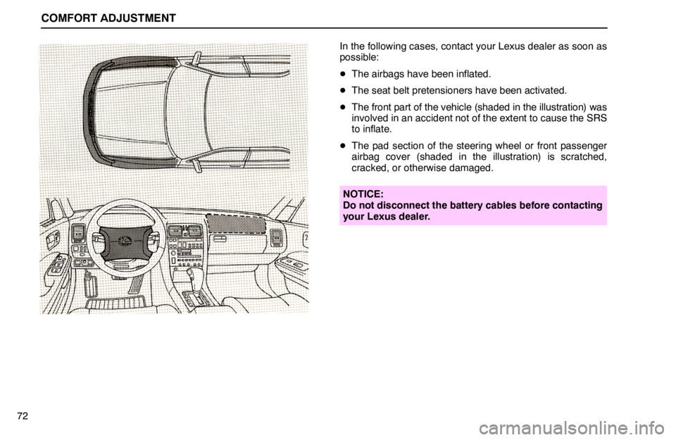 lexus LS400 1994  Comfort Adjustment / 1994 LS400: COMFORT ADJUSTMENT COMFORT ADJUSTMENT
72
In the following cases, contact your Lexus dealer as soon as
possible:
The airbags have been inflated.
The seat belt pretensioners have been activated.
The front part of the v