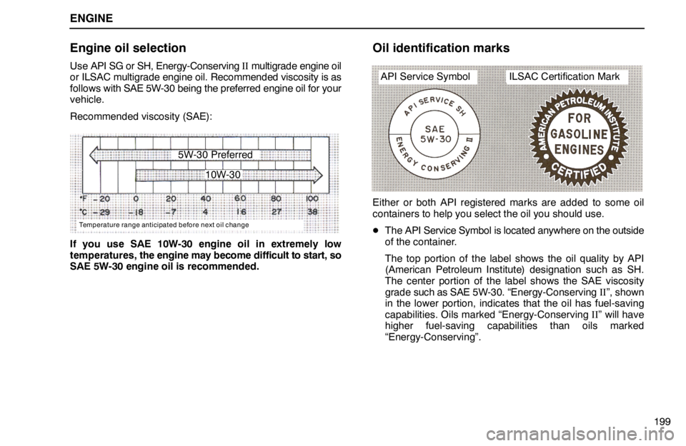 lexus LS400 1994  Keys and Doors / 1994 LS400: ENGINE ENGINE
199
Engine oil selection
Use API SG or SH, Energy-Conserving II multigrade engine oil
or ILSAC multigrade engine oil. Recommended viscosity is as
follows with SAE 5W-30 being the preferred engi