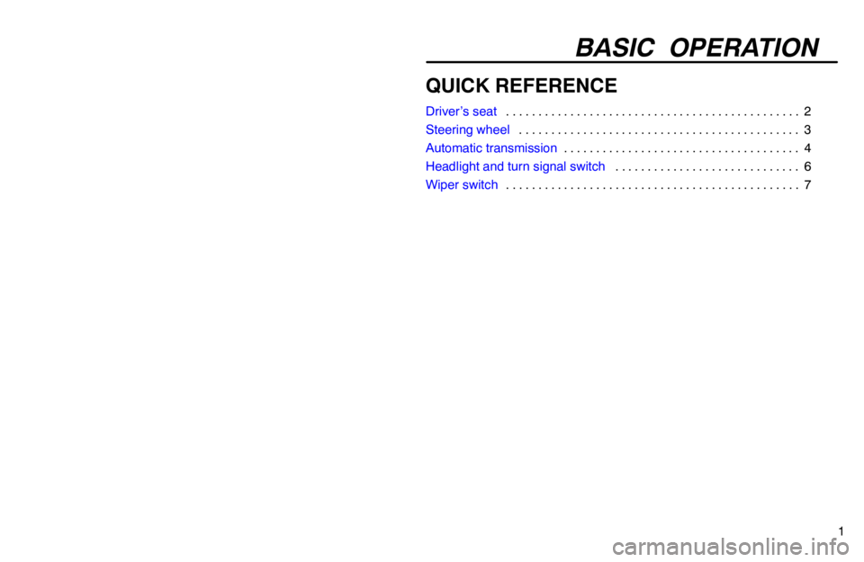 lexus LS400 1994  Repair Manual Information / 1994 LS400: QUICK REFERENCE BASIC OPERATION
1
QUICK REFERENCE
Driver’s seat2 . . . . . . . . . . . . . . . . . . . . . . . . . . . . . . . . . . . . . . . . . . . . . . 
Steering wheel3 . . . . . . . . . . . . . . . . . . . . 