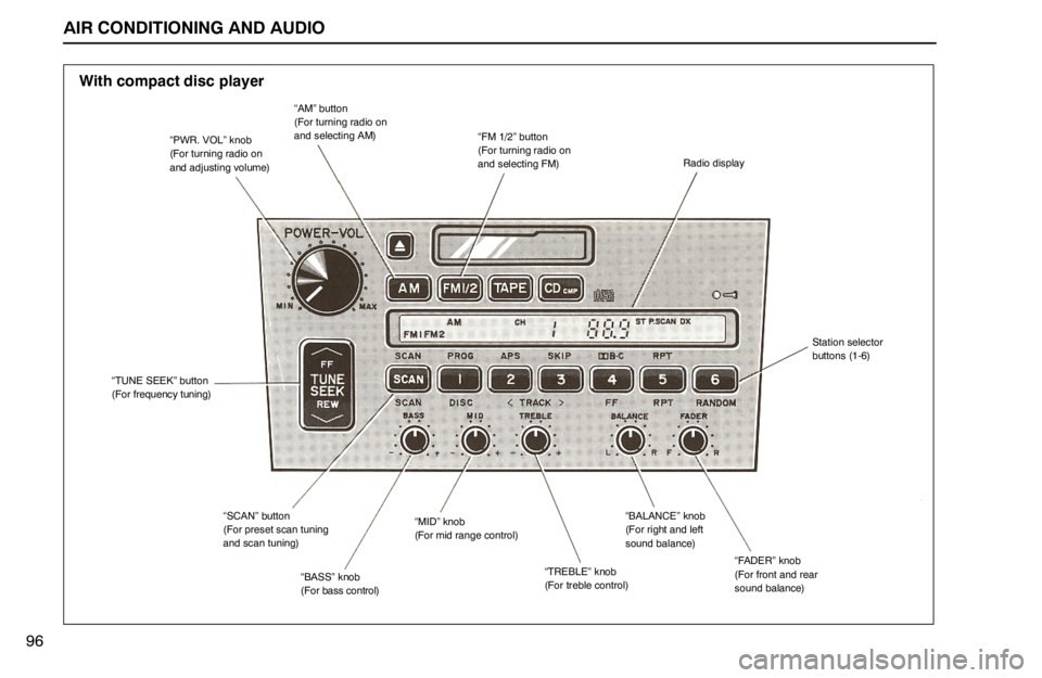 lexus LS400 1994  Repair Manual Information / 1994 LS400: AIR CONDITIONING AND AUDIO AIR CONDITIONING AND AUDIO
With compact disc player
“PWR. VOL” knob
(For turning radio on
and adjusting volume)
“AM” button
(For turning radio on
and selecting AM)
“FM 1/2” button
(For tur