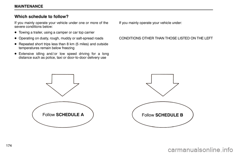 lexus LS400 1994  Repair Manual Information / 1994 LS400: MAINTENANCE MAINTENANCE
174
Which schedule to follow?
If you mainly operate your vehicle under one or more of the
severe conditions below:
Towing a trailer, using a camper or car top carrier
Operating on dusty,
