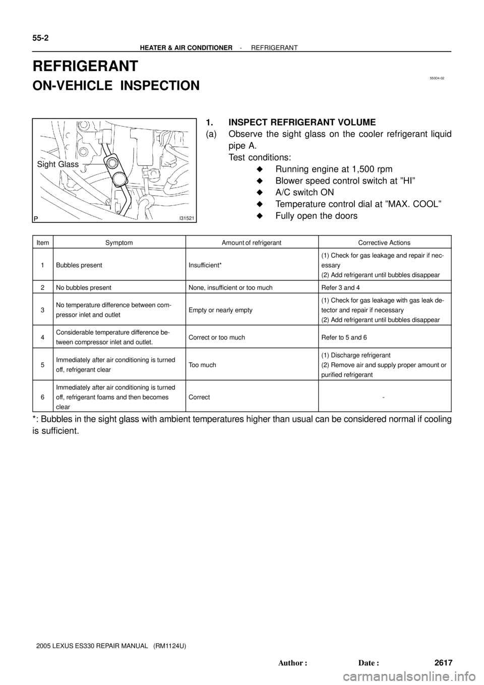 LEXUS ES300 2005  Repair Manual 550D4-02
I31521
Sight Glass
55-2
- HEATER & AIR CONDITIONERREFRIGERANT
2617 Author: Date:
2005 LEXUS ES330 REPAIR MANUAL   (RM1124U)
REFRIGERANT
ON-VEHICLE  INSPECTION
1. INSPECT REFRIGERANT VOLUME
