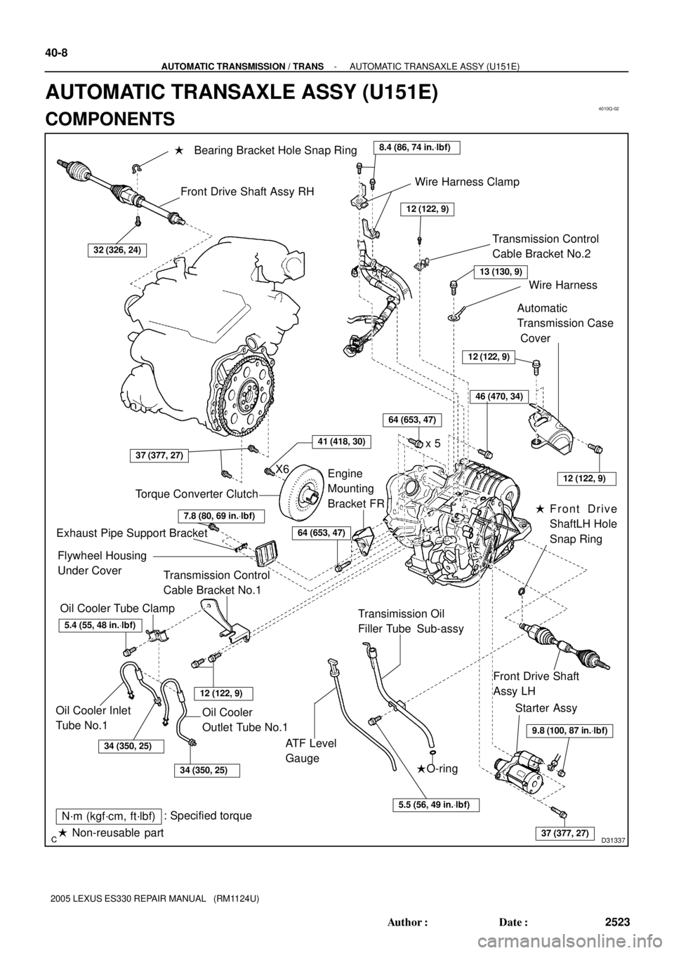 LEXUS ES300 2005  Repair Manual 4010Q-02
D31337
Bearing Bracket Hole Snap Ring
32 (326, 24)
12 (122, 9)
64 (653, 47)
46 (470, 34)
Front Drive Shaft Assy RH
Transmission Control 
Cable Bracket No.2
41 (418, 30)
12 (122, 9)
37 (377, 2
