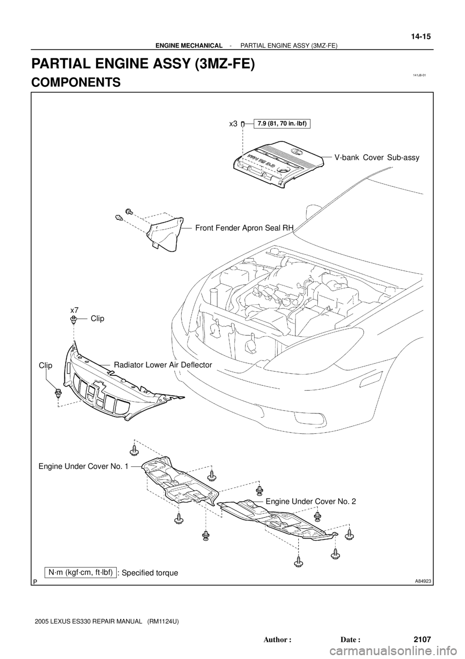 LEXUS ES300 2005  Repair Manual 141J8-01
A84923
N´m (kgf´cm, ft´lbf)
: Specified torquex3
V-bank  Cover  Sub-assy
7.9 (81, 70 in.Vlbf)
Front Fender Apron Seal RH
Clip x7
Clip
Radiator Lower Air Deflector
Engine Under Cover No. 1
