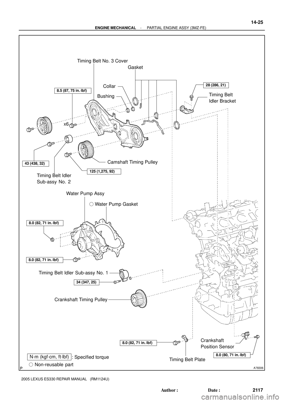 LEXUS ES300 2005  Repair Manual A78306
N´m (kgf´cm, ft´lbf)
: Specified torque
 Non-reusable part Water Pump Gasket
28 (286, 21)
8.5 (87, 75 in.Vlbf)
125 (1,275, 92)
43 (438, 32)
8.0 (82, 71 in.Vlbf)
8.0 (82, 71 in.Vlbf)
34 (34