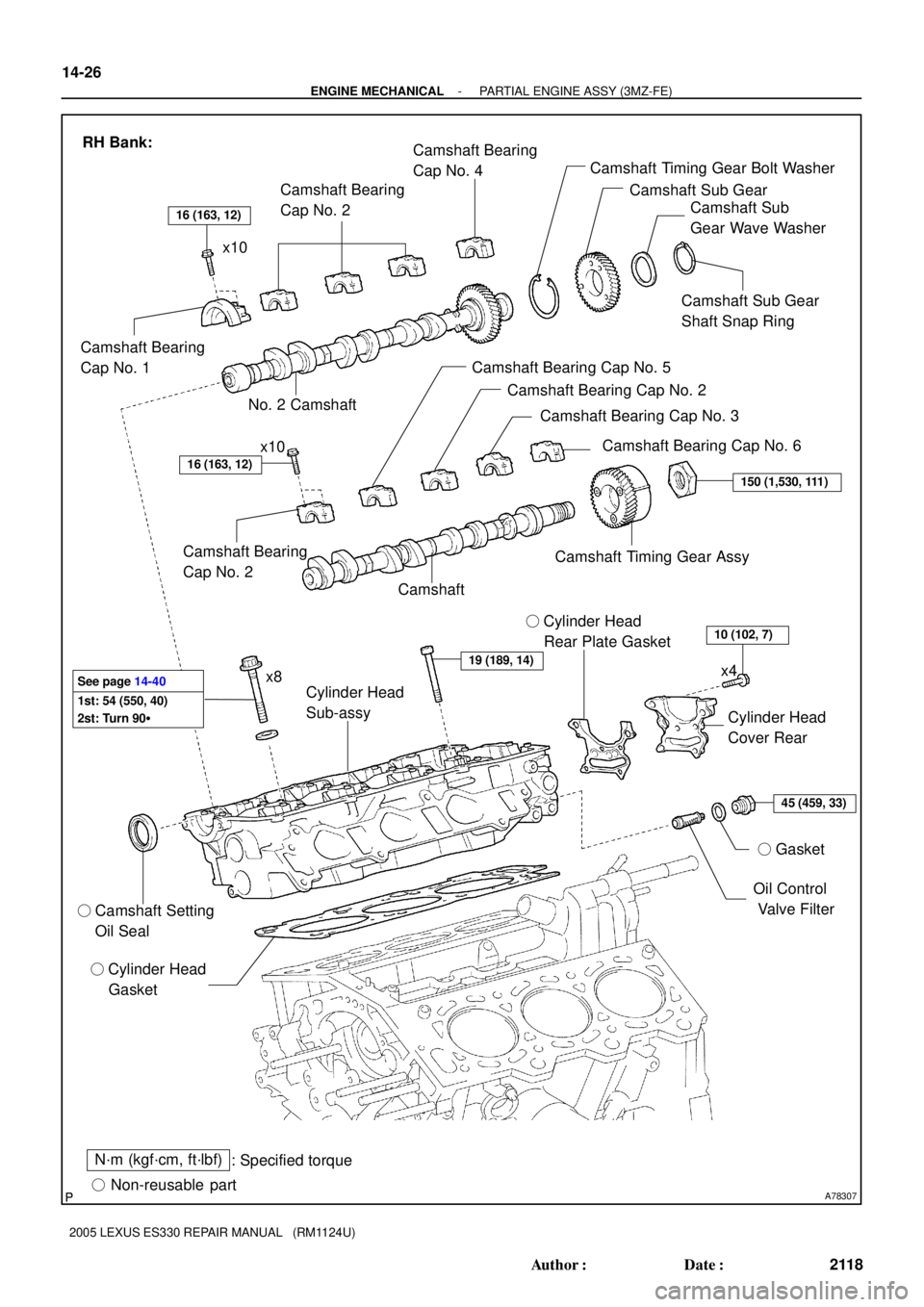 LEXUS ES300 2005  Repair Manual A78307
N´m (kgf´cm, ft´lbf)
: Specified torque
 Non-reusable part  Camshaft Setting 
    Oil Seal Gasket
45 (459, 33)
10 (102, 7)
19 (189, 14)
150 (1,530, 111)
16 (163, 12)
 Cylinder Head 
    