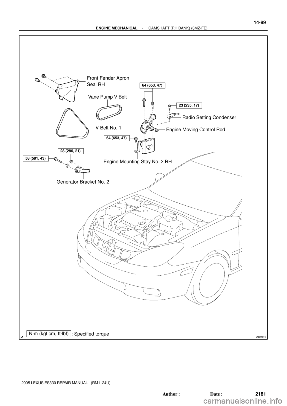 LEXUS ES300 2005  Repair Manual A84916
64 (653, 47)
64 (653, 47)
Front Fender Apron 
Seal RH
Vane Pump V Belt
V Belt No. 1
Generator Bracket No. 2
Engine Mounting Stay No. 2 RHEngine Moving Control Rod
N´m (kgf´cm, ft´lbf)
: Spec