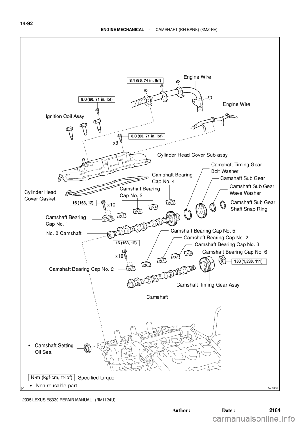 LEXUS ES300 2005  Repair Manual A78385
Camshaft Bearing Cap No. 2
Camshaft Bearing Cap No. 3
Camshaft Bearing Cap No. 6
Camshaft Timing Gear Assy
150 (1,530, 111)
Camshaft Bearing Cap No. 5
16 (163, 12)
x10
Camshaft
N´m (kgf´cm, f