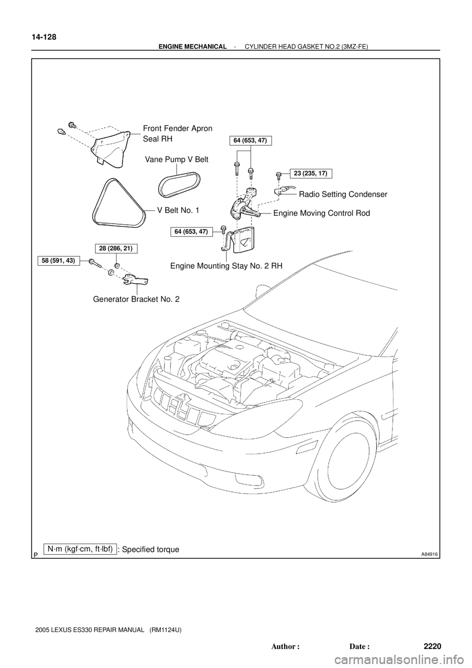 LEXUS ES300 2005  Repair Manual A84916
64 (653, 47)
64 (653, 47)
Front Fender Apron 
Seal RH
Vane Pump V Belt
V Belt No. 1
Generator Bracket No. 2
Engine Mounting Stay No. 2 RHEngine Moving Control Rod
N´m (kgf´cm, ft´lbf)
: Spec