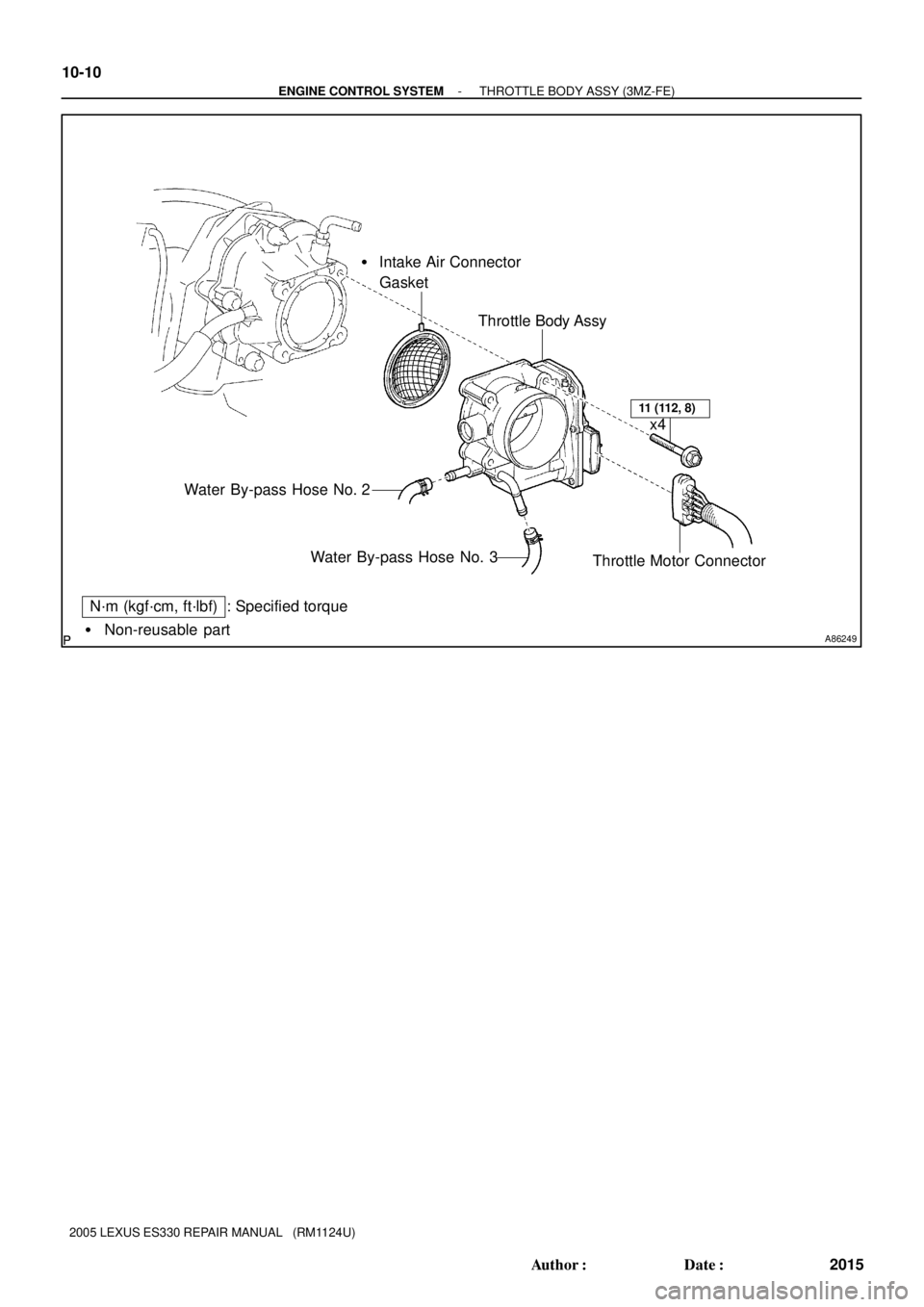 LEXUS ES300 2005  Repair Manual A86249 Non-reusable part
N´m (kgf´cm, ft´lbf) : Specified torque Intake Air Connector 
    Gasket
Throttle Body Assy
Water By-pass Hose No. 2
Water By-pass Hose No. 3
Throttle Motor Connector
11 