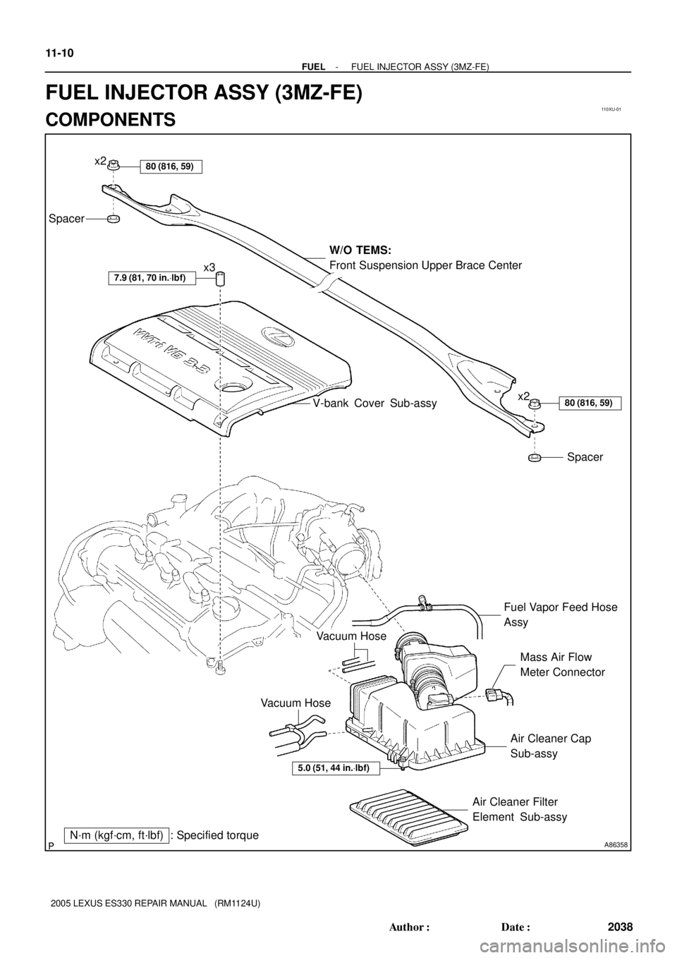 LEXUS ES300 2005  Repair Manual 110XU-01
A86358N´m (kgf´cm, ft´lbf) : Specified torque
7.9 (81, 70 in.Vlbf)x3
V-bank  Cover  Sub-assy
Mass Air Flow 
Meter Connector Fuel Vapor Feed Hose 
Assy
Vacuum Hose
Air Cleaner Cap 
Sub-assy