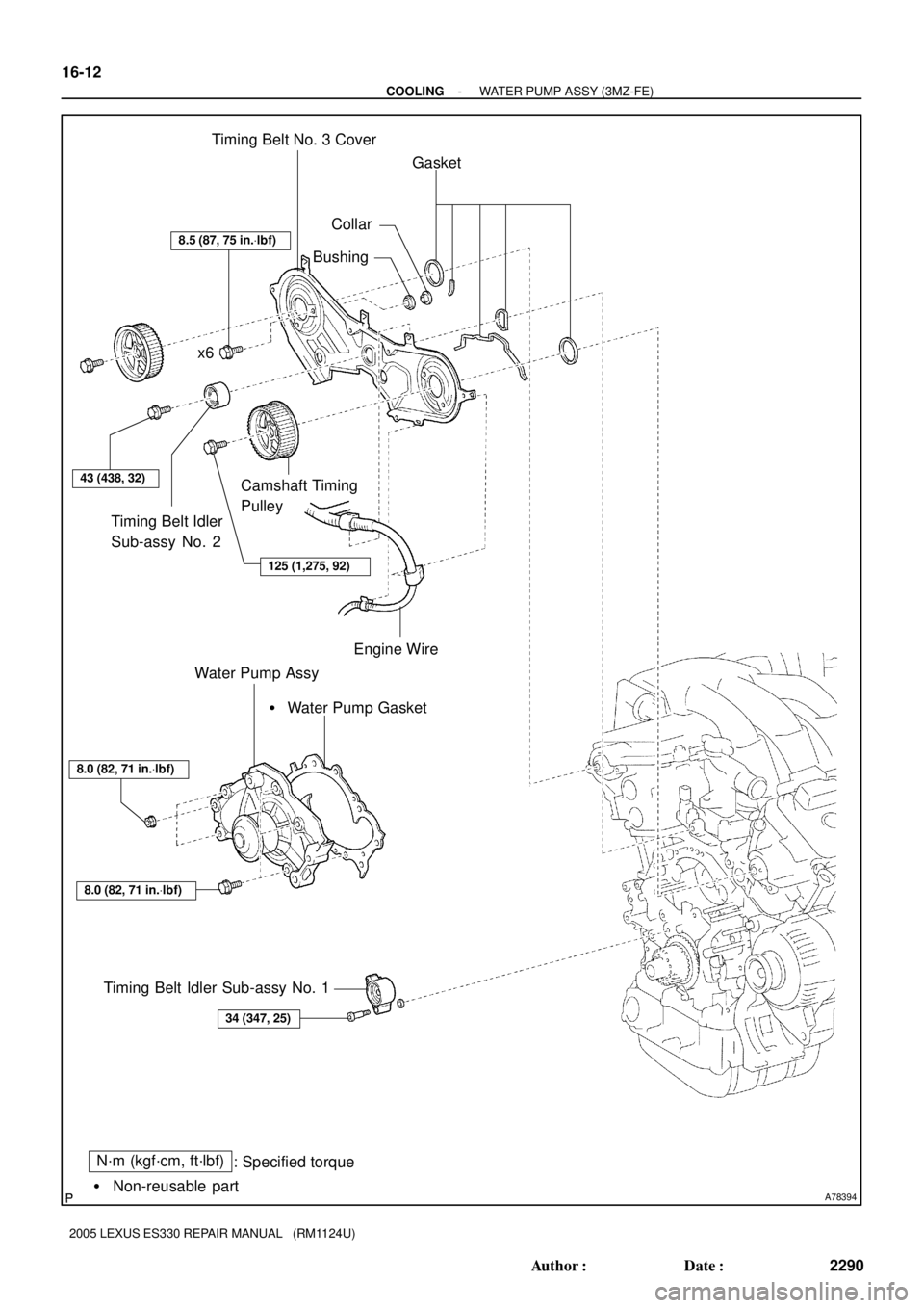 LEXUS ES300 2005  Repair Manual A78394
N´m (kgf´cm, ft´lbf)
: Specified torque
 Non-reusable part Water Pump Gasket
8.5 (87, 75 in.Vlbf)
125 (1,275, 92)
43 (438, 32)
8.0 (82, 71 in.Vlbf)
8.0 (82, 71 in.Vlbf)
34 (347, 25)
Timing