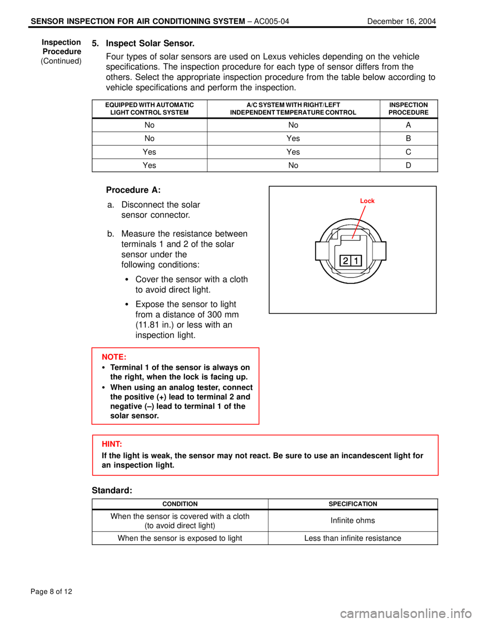LEXUS ES300 2005  Repair Manual SENSOR INSPECTION FOR AIR CONDITIONING SYSTEM ± AC005-04 December 16, 2004
Page 8 of 12
5. Inspect Solar Sensor.
Four types of solar sensors are used on Lexus vehicles depending on the vehicle
specif