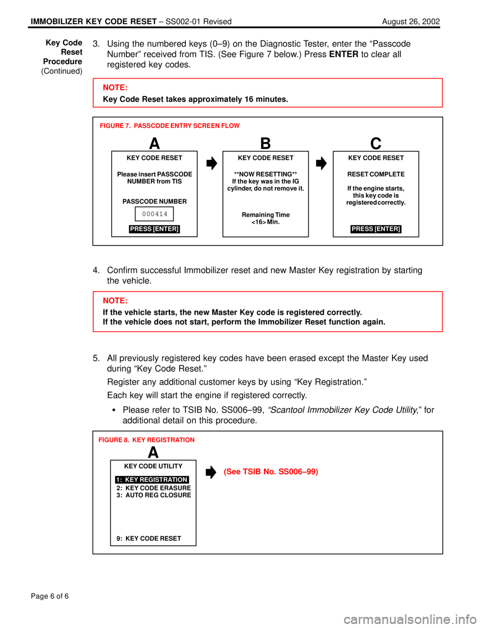 LEXUS ES300 2005  Repair Manual August 26, 2002IMMOBILIZER KEY CODE RESET ± SS002-01 Revised
Page 6 of 6
3. Using the numbered keys (0±9) on the Diagnostic Tester, enter the ªPasscode
Numberº received from TIS. (See Figure 7 bel