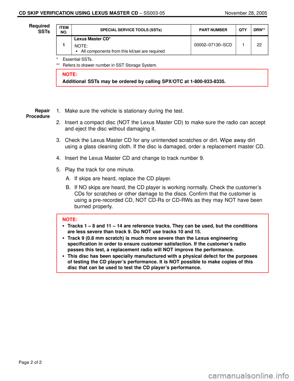 LEXUS ES300 2005  Repair Manual CD SKIP VERIFICATION USING LEXUS MASTER CD ± SS003-05 November 28, 2005
Page 2 of 2
ITEM
NO.SPECIAL SERVICE TOOLS (SSTs)PART NUMBERQTYDRW**
1
Lexus Master CD*
NOTE:
�All components from this kit/set 