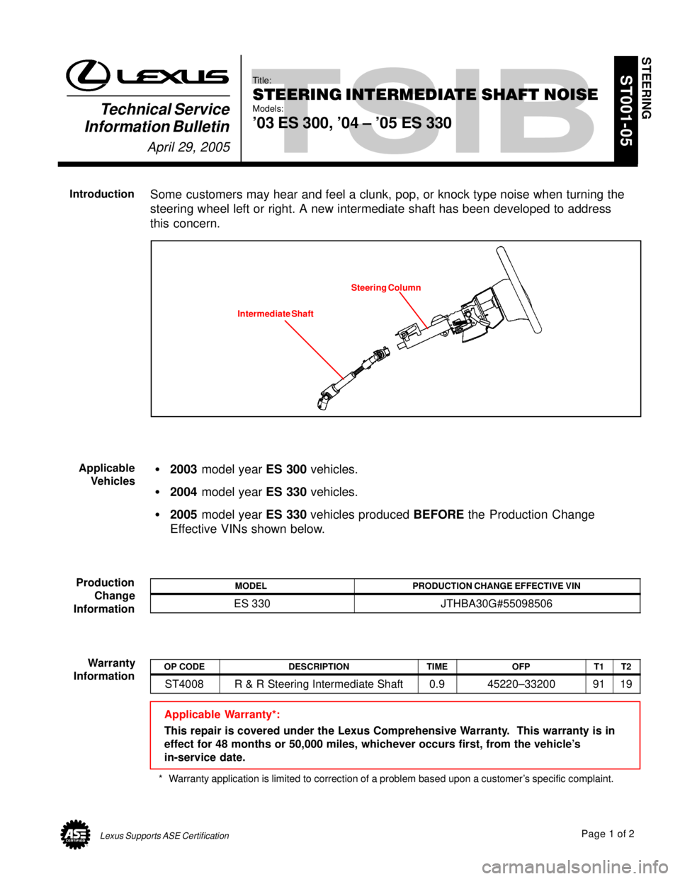 LEXUS ES300 2005  Repair Manual Lexus Supports ASE CertificationPage 1 of 2
Title:
STEERING INTERMEDIATE SHAFT NOISE
Models:
03 ES 300, 04 ± 05 ES 330
Technical Service
Information Bulletin
April 29, 2005
ST001-05
Some customers