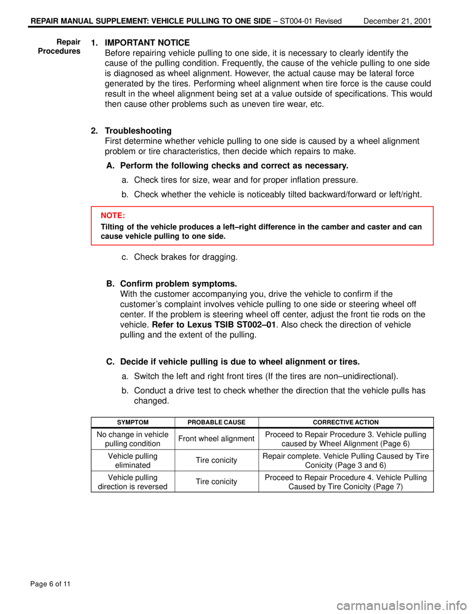 LEXUS ES300 2005  Repair Manual REPAIR MANUAL SUPPLEMENT: VEHICLE PULLING TO ONE SIDE ± ST004-01 RevisedDecember 21, 2001
Page 6 of 11
1. IMPORTANT NOTICE
Before repairing vehicle pulling to one side, it is necessary to clearly ide