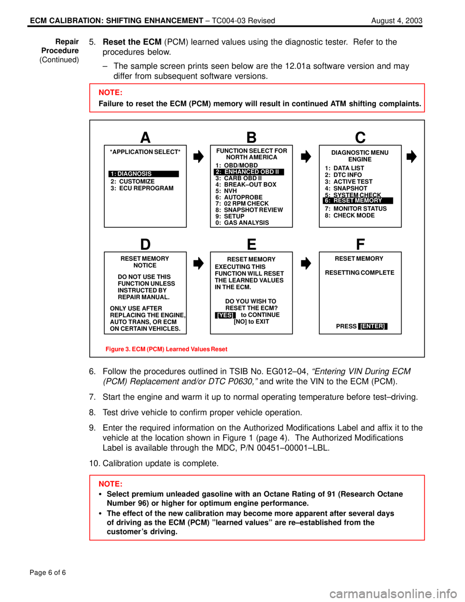 LEXUS ES300 2005  Repair Manual ECM CALIBRATION: SHIFTING ENHANCEMENT ± TC004-03 Revised August 4, 2003
Page 6 of 6
5.Reset the ECM (PCM) learned values using the diagnostic tester.  Refer to the
procedures below.
± The sample scr