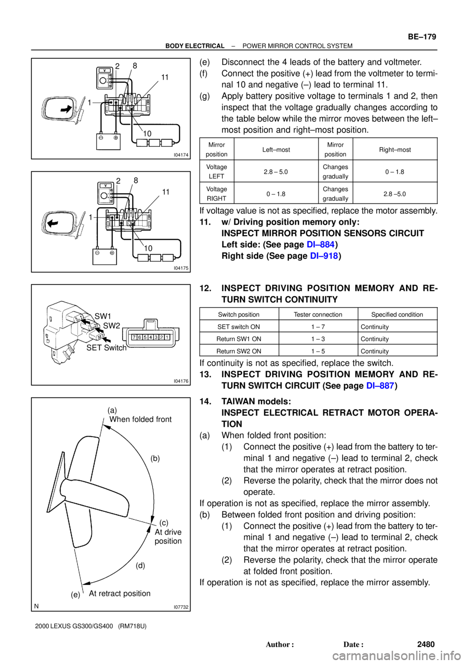 LEXUS GS400 2000  Service Owners Guide I04174
2
18
10
11
I04175
2
18
10
11
I04176
SW1
SW2
SET Switch
I07732
When folded front
At drive
position
At retract position(a)
(b)
(c)
(d)
(e)
± BODY ELECTRICALPOWER MIRROR CONTROL SYSTEM
BE±179
24