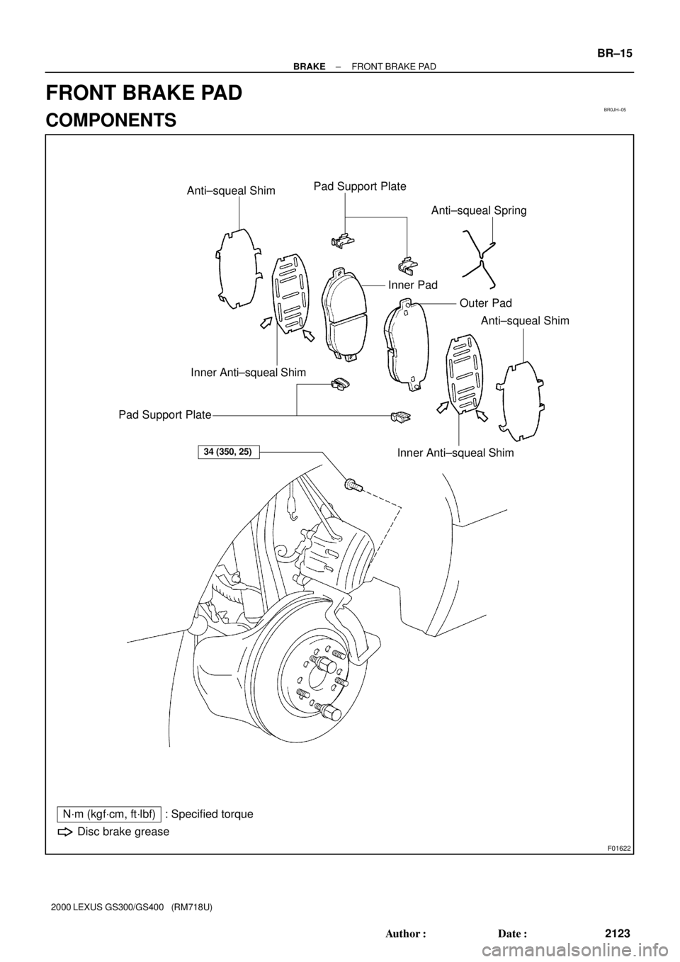 LEXUS GS400 2000  Service Repair Manual BR0JH±05
F01622
Anti±squeal ShimPad Support Plate
Anti±squeal Spring
Inner Pad
Outer Pad
Anti±squeal Shim
Inner Anti±squeal Shim
Pad Support Plate
Inner Anti±squeal Shim34 (350, 25)
N´m (kgf´c