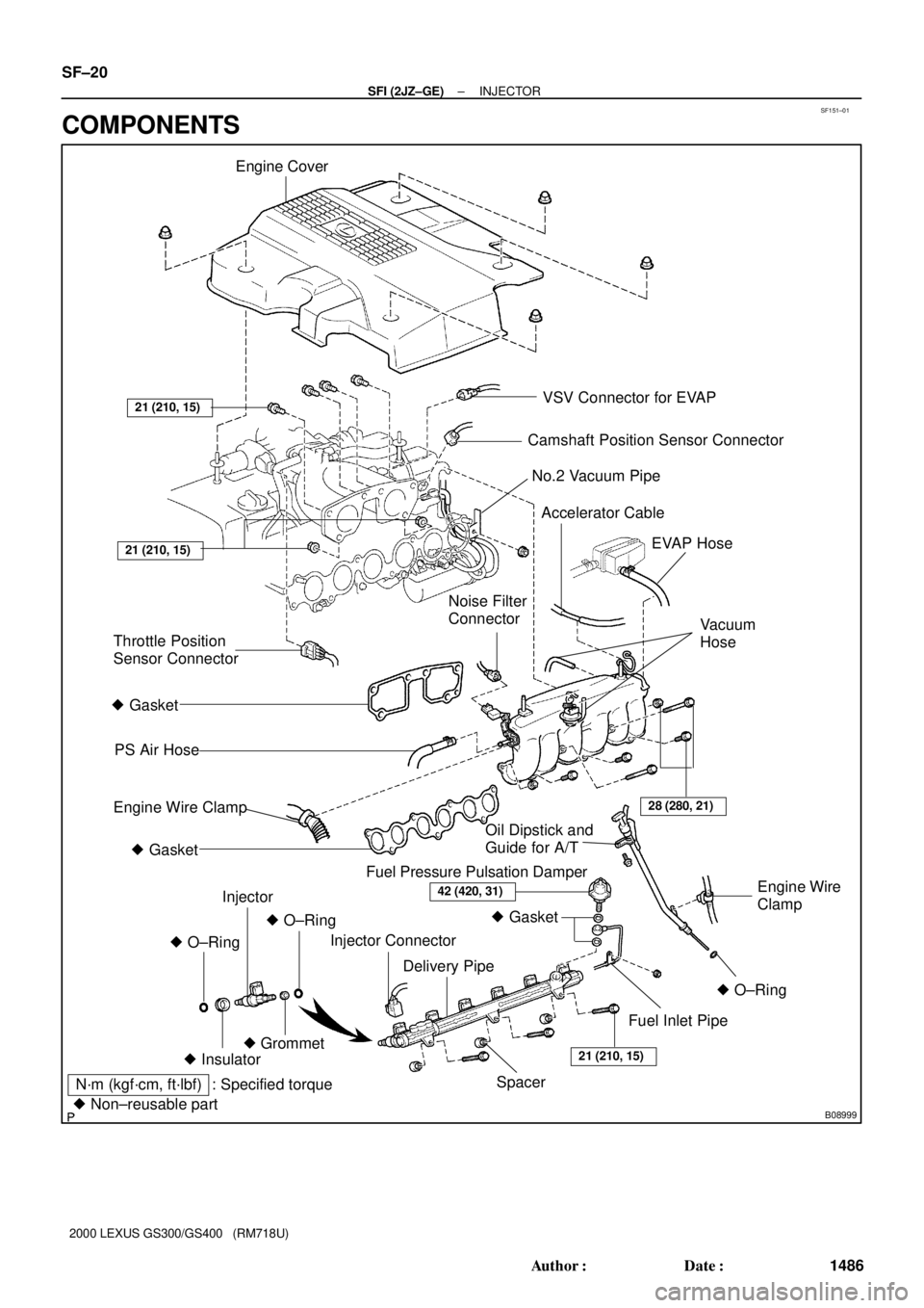 LEXUS GS400 2000  Service Repair Manual SF151±01
B08999
N´m (kgf´cm, ft´lbf) : Specified torque
 Non±reusable part
21 (210, 15)
21 (210, 15)
VSV Connector for EVAP
Camshaft Position Sensor Connector
No.2 Vacuum Pipe
Accelerator Cable
