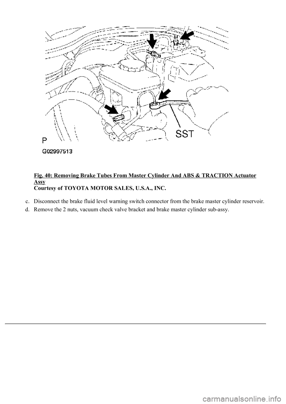 LEXUS LS430 2003  Factory Repair Manual Fig. 40: Removing Brake Tubes From Master Cylinder And ABS & TRACTION Actuator 
Assy 
Courtesy of TOYOTA MOTOR SALES, U.S.A., INC. 
c. Disconnect the brake fluid level warning switch connector from th