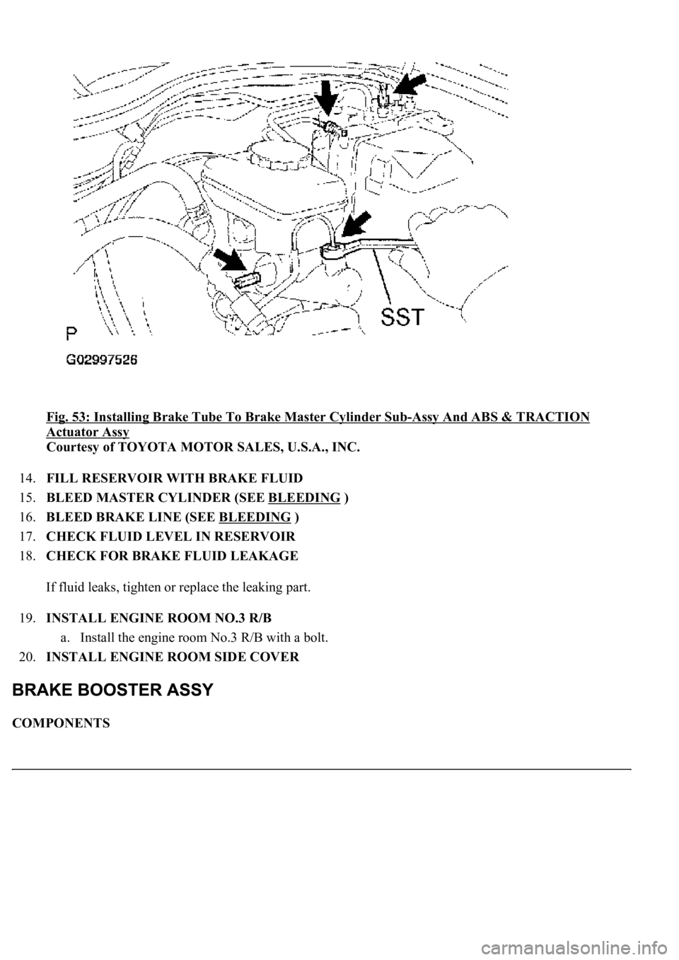 LEXUS LS430 2003  Factory Repair Manual Fig. 53: Installing Brake Tube To Brake Master Cylinder Sub-Assy And ABS & TRACTION 
Actuator Assy 
Courtesy of TOYOTA MOTOR SALES, U.S.A., INC. 
14.FILL RESERVOIR WITH BRAKE FLUID  
15.BLEED MASTER C