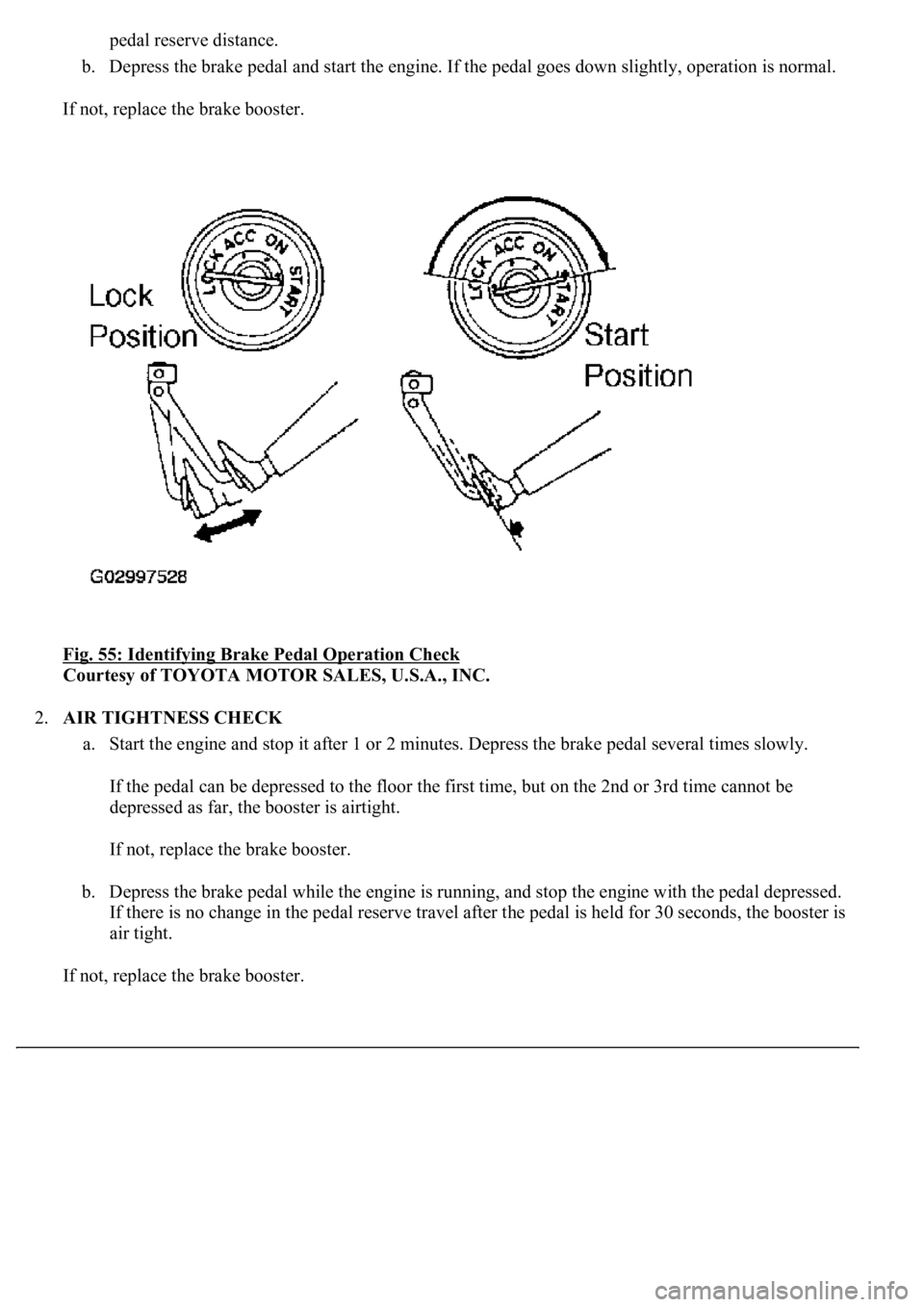 LEXUS LS430 2003  Factory Repair Manual pedal reserve distance.  
b. Depress the brake pedal and start the engine. If the pedal goes down slightly, operation is normal.  
If not, replace the brake booster. 
Fig. 55: Identifying Brake Pedal 