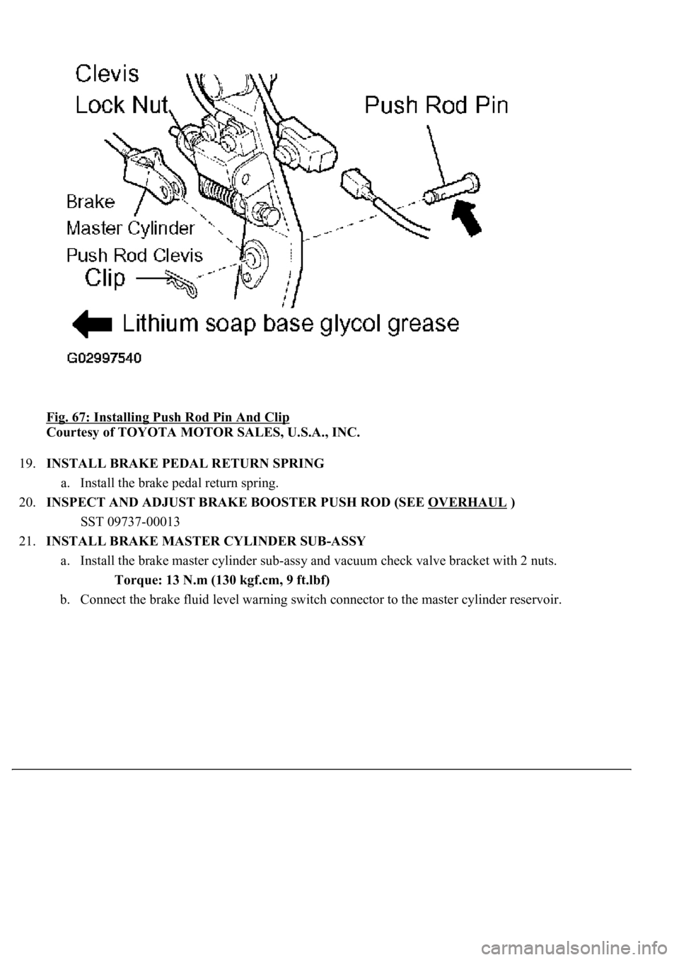 LEXUS LS430 2003  Factory Repair Manual Fig. 67: Installing Push Rod Pin And Clip 
Courtesy of TOYOTA MOTOR SALES, U.S.A., INC. 
19.INSTALL BRAKE PEDAL RETURN SPRING 
a. Install the brake pedal return spring.  
20.INSPECT AND ADJUST BRAKE B