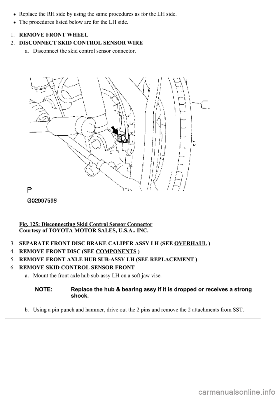 LEXUS LS430 2003  Factory Repair Manual Replace the RH side by using the same procedures as for the LH side.  
The procedures listed below are for the LH side.  
1.REMOVE FRONT WHEEL  
2.DISCONNECT SKID CONTROL SENSOR WIRE 
a. Disconnect th