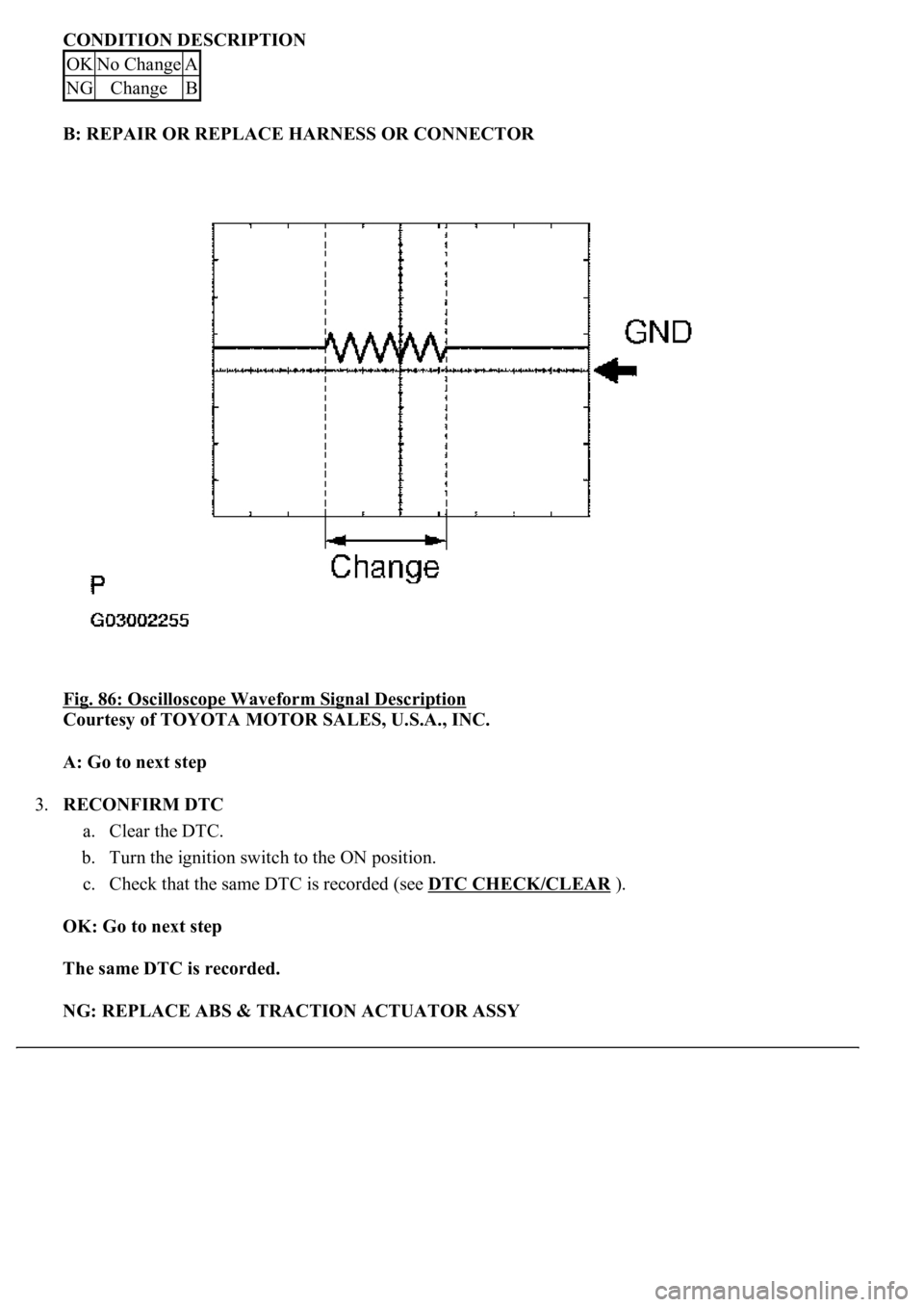 LEXUS LS430 2003  Factory Repair Manual CONDITION DESCRIPTION 
B: REPAIR OR REPLACE HARNESS OR CONNECTOR  
Fig. 86: Oscilloscope Waveform Signal Description
 
Courtesy of TOYOTA MOTOR SALES, U.S.A., INC. 
A: Go to next step  
3.RECONFIRM DT