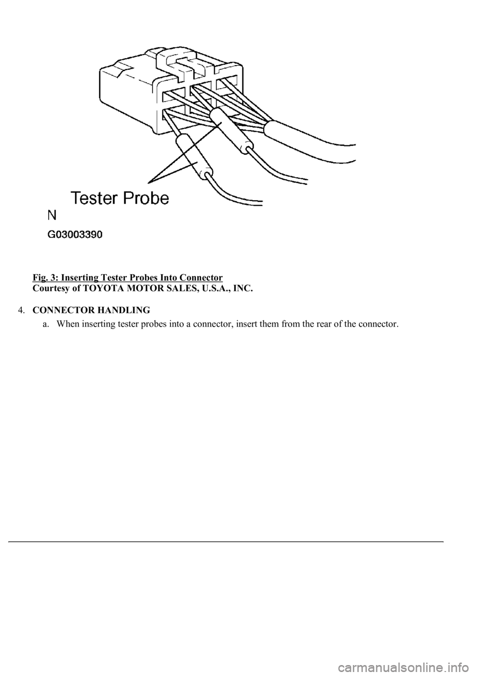 LEXUS LS430 2003  Factory Repair Manual Fig. 3: Inserting Tester Probes Into Connector 
Courtesy of TOYOTA MOTOR SALES, U.S.A., INC. 
4.CONNECTOR HANDLING 
a. When insertin
g tester probes into a connector, insert them from the rear of the 