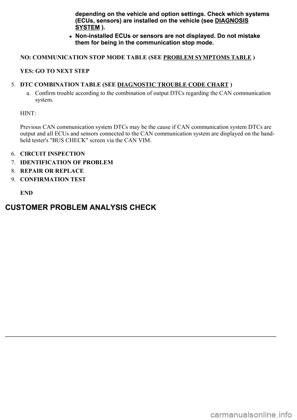 LEXUS LS430 2003 Factory Repair Manual NO: COMMUNICATION STOP MODE TABLE (SEE PROBLEM SYMPTOMS TABLE )
YES: GO TO NEXT STEP
5.DTC COMBINATION TABLE (SEE DIAGNOSTIC TROUBLE CODE CHART
)
a. Confirm trouble according to the combination LEXUS LS430 2003 Factory Repair Manual NO: COMMUNICATION STOP MODE TABLE (SEE PROBLEM SYMPTOMS TABLE )
YES: GO TO NEXT STEP
5.DTC COMBINATION TABLE (SEE DIAGNOSTIC TROUBLE CODE CHART
)
a. Confirm trouble according to the combination
