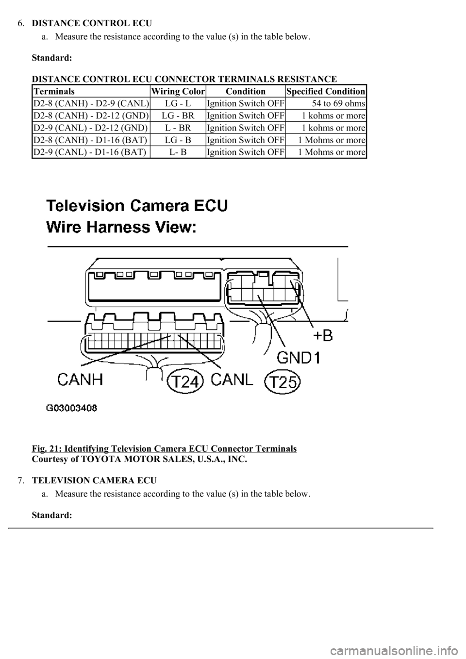 LEXUS LS430 2003  Factory Repair Manual 6.DISTANCE CONTROL ECU 
a. Measure the resistance according to the value (s) in the table below.  
Standard:  
DISTANCE CONTROL ECU CONNECTOR TERMINALS RESISTANCE 
Fig. 21: Identifying Television Came
