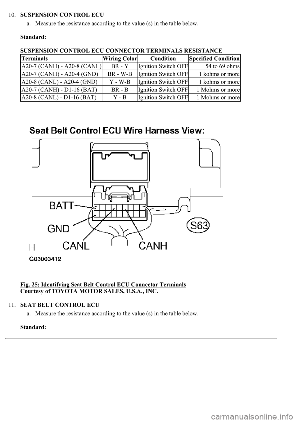 LEXUS LS430 2003  Factory Repair Manual 10.SUSPENSION CONTROL ECU 
a. Measure the resistance according to the value (s) in the table below.  
Standard:  
SUSPENSION CONTROL ECU CONNECTOR TERMINALS RESISTANCE 
Fig. 25: Identifying Seat Belt 