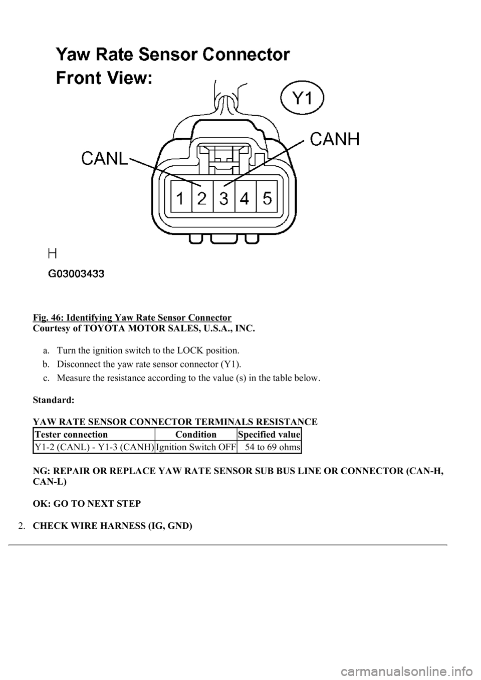LEXUS LS430 2003  Factory Repair Manual Fig. 46: Identifying Yaw Rate Sensor Connector 
Courtesy of TOYOTA MOTOR SALES, U.S.A., INC. 
a. Turn the ignition switch to the LOCK position.  
b. Disconnect the yaw rate sensor connector (Y1).  
c.