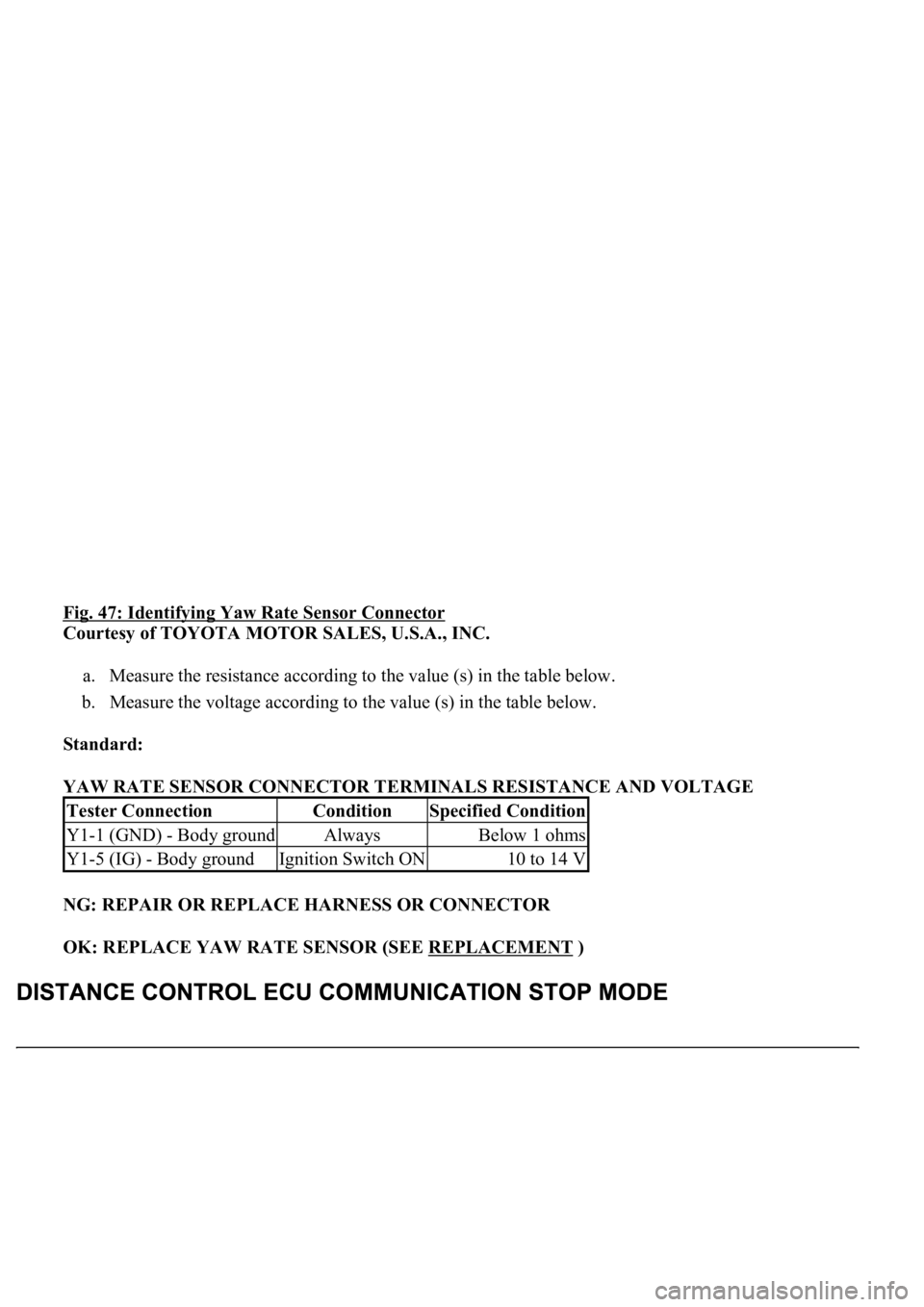 LEXUS LS430 2003  Factory Repair Manual Fig. 47: Identifying Yaw Rate Sensor Connector 
Courtesy of TOYOTA MOTOR SALES, U.S.A., INC. 
a. Measure the resistance according to the value (s) in the table below.  
b. Measure the voltage accordin