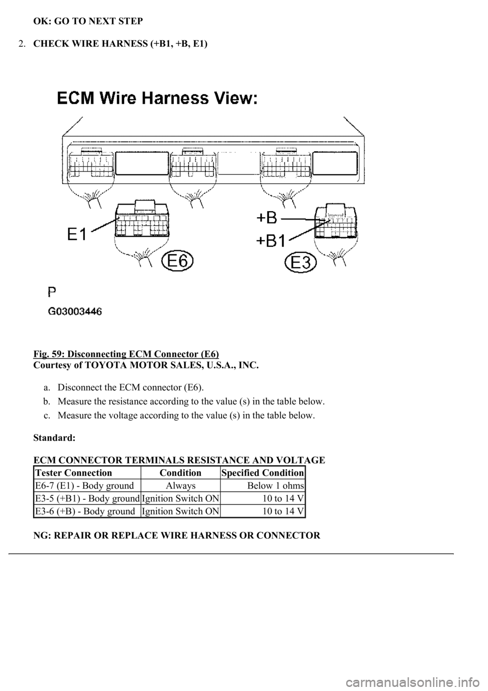 LEXUS LS430 2003  Factory Repair Manual OK: GO TO NEXT STEP  
2.CHECK WIRE HARNESS (+B1, +B, E1) 
Fig. 59: Disconnecting ECM Connector (E6)
 
Courtesy of TOYOTA MOTOR SALES, U.S.A., INC. 
a. Disconnect the ECM connector (E6).  
b. Measure t