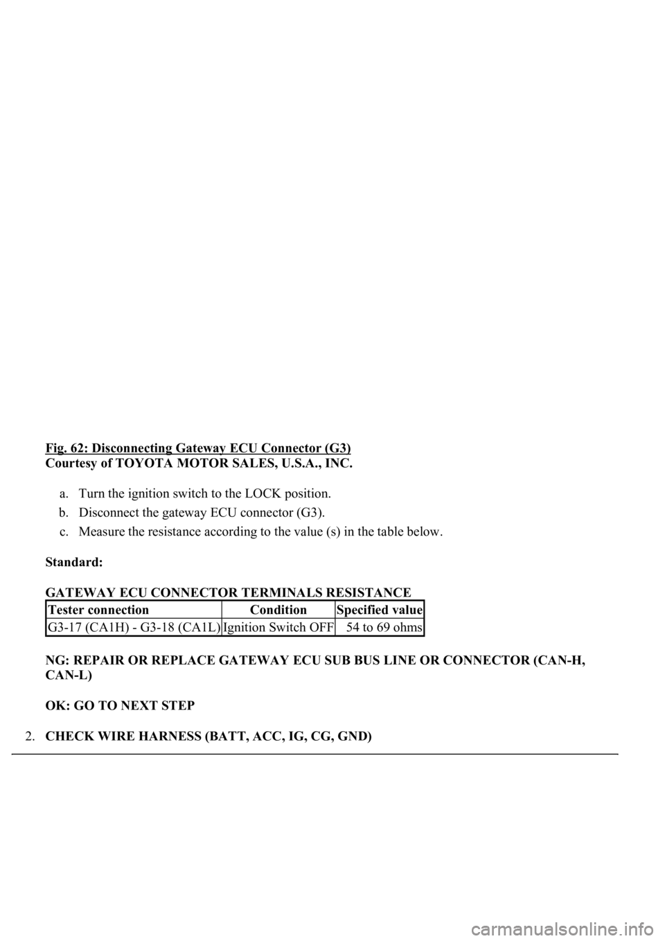 LEXUS LS430 2003  Factory Repair Manual Fig. 62: Disconnecting Gateway ECU Connector (G3) 
Courtesy of TOYOTA MOTOR SALES, U.S.A., INC. 
a. Turn the ignition switch to the LOCK position.  
b. Disconnect the gateway ECU connector (G3).  
c. 
