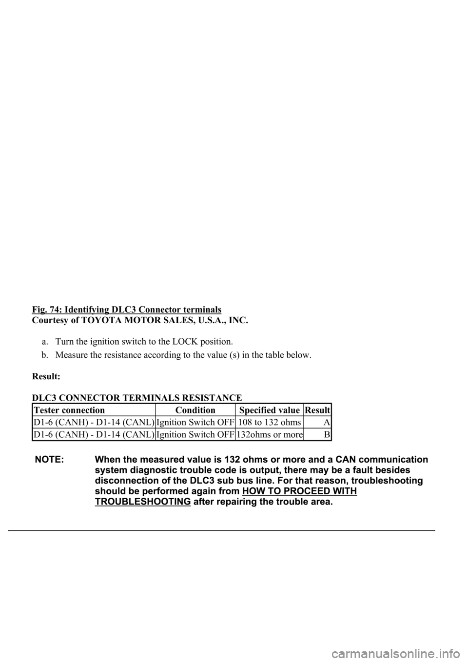 LEXUS LS430 2003  Factory Repair Manual Fig. 74: Identifying DLC3 Connector terminals 
Courtesy of TOYOTA MOTOR SALES, U.S.A., INC. 
a. Turn the ignition switch to the LOCK position.  
b. Measure the resistance according to the value (s) in